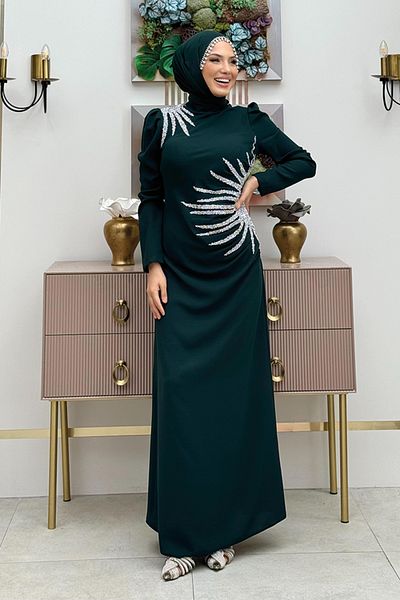 Bym Fashion Βραδινό φόρεμα χειμερινού βραδιού με σμαραγδένια πέτρα με λεπτομέρειες στον ώμο και τη μέση 3909