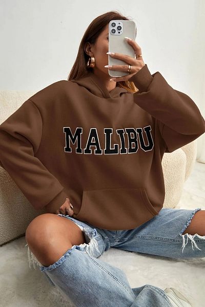 qavnas Унисекс суитшърт от плетена материя Malibu, кафяв, с 2 прежди