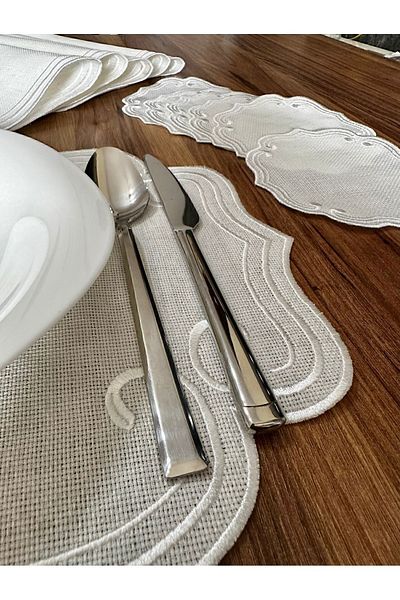 NURHAN HOME COLLECTION Curly Model Ecru Embroidered 12 Piece Set American Serving and Cocktail Presentation Napkin