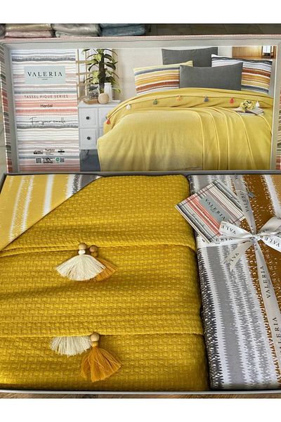 Sudemhome Mustard Colored 4 Piece Double Tasseled Pique Set