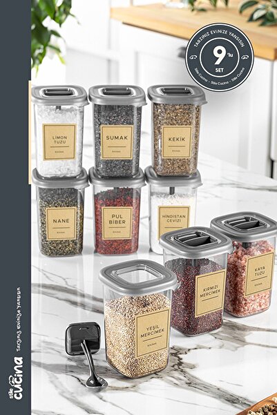 Stile Cucina أليسي طقم وعاء توابل ملصق ذاتي مكون من 9 قطع سعة 450 مل أنثراسايت