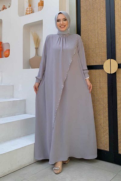 Bym Fashion Γκρι Plus Size Φόρεμα με Πέρλες - Cross Piece Look 3879-1