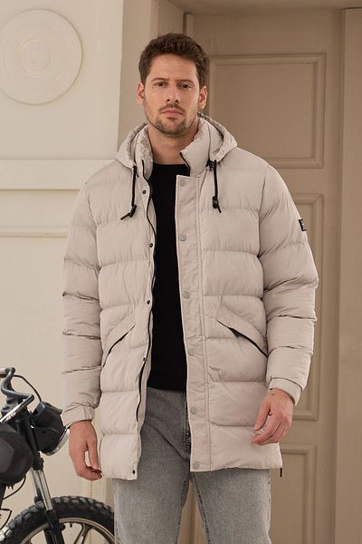 Danger Ανδρικό μακρύ παλτό με κουκούλα - Stone Color Puffer