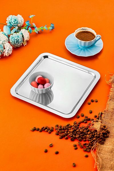 ÖzSa Home Set of 6 Luxury Square Stainless Steel Coffee Tea Catering and Presentation Tray Silver Color 21x21cm