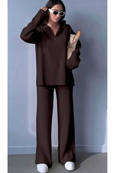 BlueTex Kadın Fitilli Yaka Fermuarlı Paçası Fermuarlı Yanlardan Yırtmaçlı Tri...