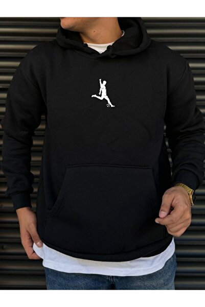 DEEPSENCE Unisex Siyah Kapüşonlu Sweatshirt Futbolcu baskılı