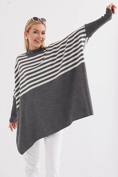 İKLİM LİFE Anthracite Striped Slit Poncho Sweater
