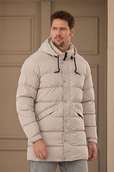 Danger Ανδρικό μακρύ παλτό με κουκούλα - Stone Color Puffer