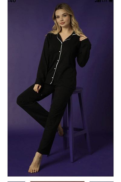 Sude HOMEWEAR Set pijama neagră cămașă cu mânecă lungă Ercan