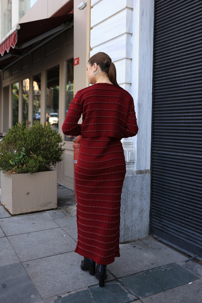 ALCHON V-Neck Thin Strap Glittery Patterned Knitwear Dress and Cardigan - Long Sleeve and Ankle Length