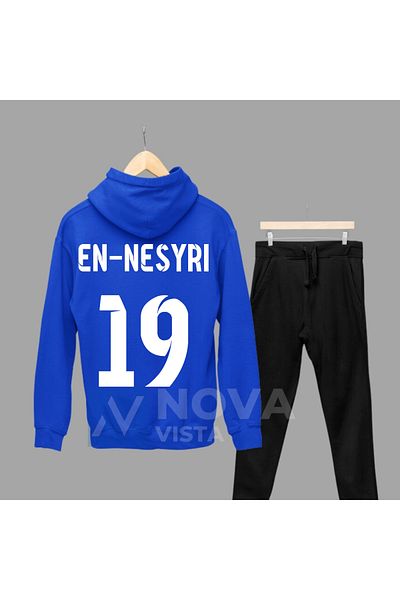 Biy Store Unisex Yusuf En-Nesyri Blue Hooded Winter Sweatshirt and Sweatpants Set - Back Lettering Jersey Printed