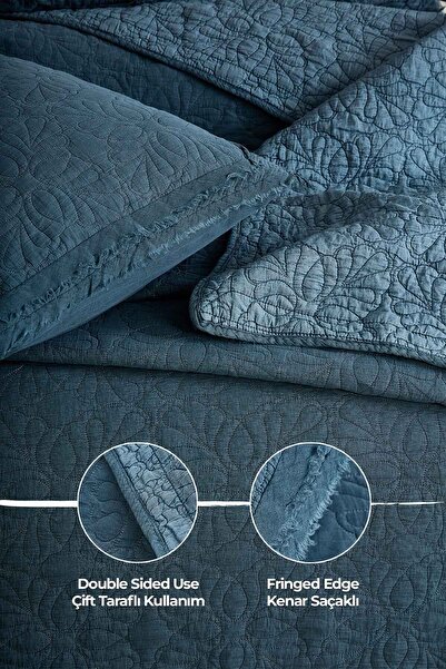 Evlen Home Collection %100 Pamuk Çift Kişilik Pike Takımı Özel Taş Yıkama Yatak Örtüsü Yumuşak Modern Rabio Mavi Lacivert