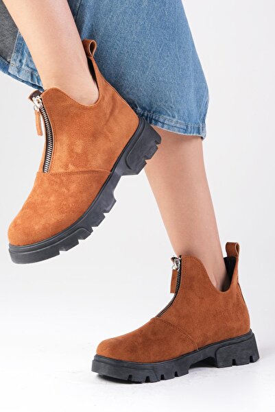 Mio Gusto Jill Taba Renk Ince Kürk Astarlı Önden Fermuarlı Kalın Tabanlı Kadın Bot