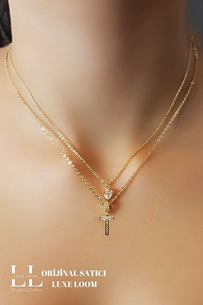 Luxe Loom Zarafetin Işıltısı Kadın Kararmayan Çelik Gold Zirkon Taşlı Küçük Kalpli T Harfli Çift Katman Kolye 006