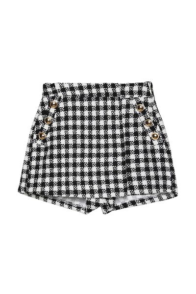 Quzu Black Tweed Shorts Skirt - Button Detailed