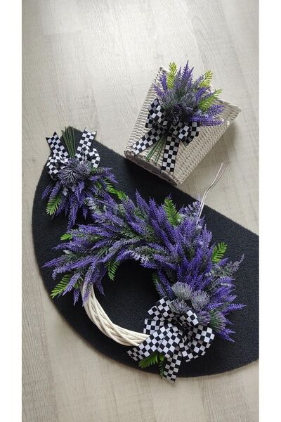 Serçeden Bambu Çelenk Lavanta Çiçekli Kapı Süsü Paspas Sepet 3 Lü Takım