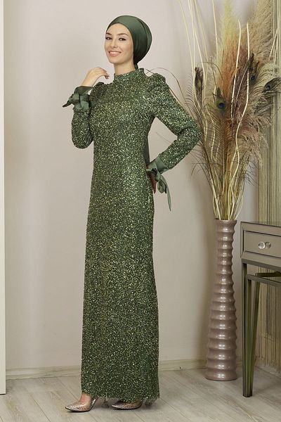 PİENNAR Bow Detailed Sequined Sultan Evening Dress