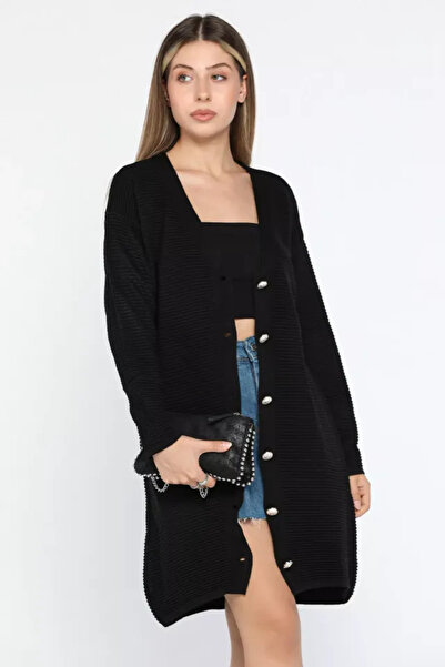 İKLİM LİFE V Yaka Düğmeli Triko Hırka SIYAH