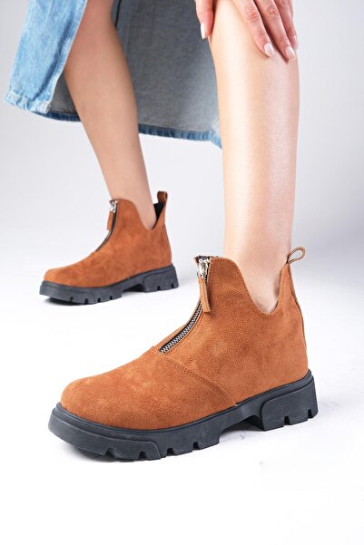 Mio Gusto Jill Taba Renk Ince Kürk Astarlı Önden Fermuarlı Kalın Tabanlı Kadın Bot