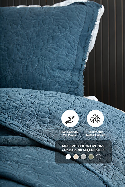 Evlen Home Collection %100 Pamuk Çift Kişilik Pike Takımı Özel Taş Yıkama Yatak Örtüsü Yumuşak Modern Rabio Mavi Lacivert