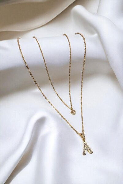Luxe Loom Zarafetin Işıltısı Kadın Gold Zirkon Taşlı Çelik Küçük Kalpli A Harfli Çift Katman Kolye 006