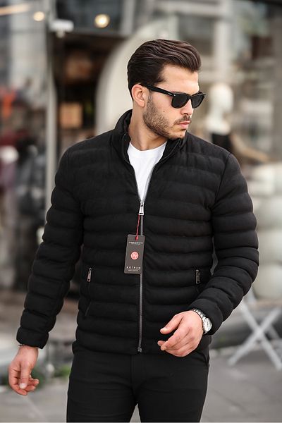 kotpan denim Men's Black Water Repellent Windproof Puffer Jacket - Stand Collar