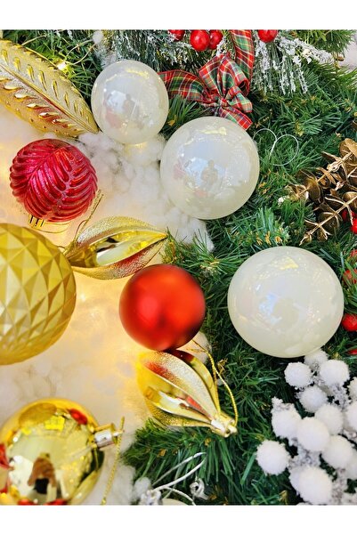 Derin Düşler Yılbaşı Çam Ağacı Süsü 36 Parça Set Kırmızı Gold Sedef Beyaz Top Süs Karma Ağaç Süsü