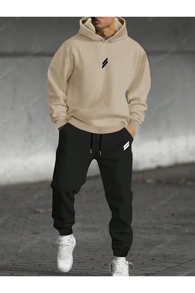 EFFRENATU Бежов суичър с качулка с 3 нишки и черни панталони Hila Fashion с голям размер и щампи
