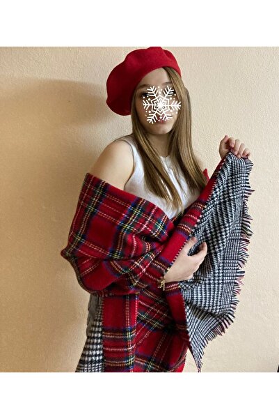 sema aksesuar Red Double Sided Plaid and Herringbone Shawl Scarf and Painter Beret Set of 2 - Valentine's Day Gift