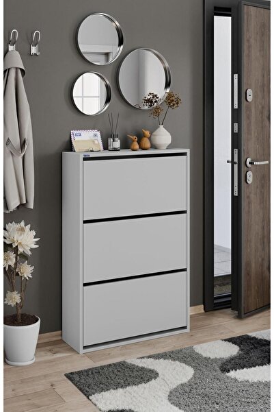 Ceha 3'lü Düşer Kapaklı Ahşap Ayakkabılık - Bute Gri