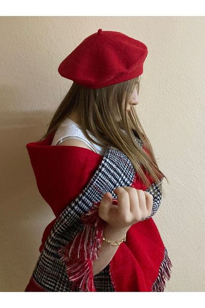 sema aksesuar Red Double-Sided Shawl Scarf and Wool Felt Painter - Beret Set, Teacher's Day Gift
