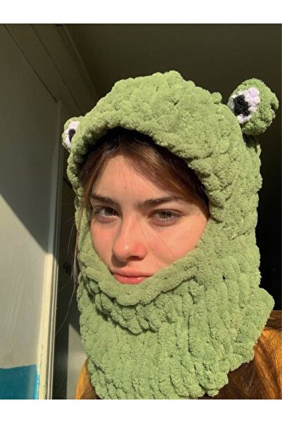 Yosun İşletme Yeşil Kurbağa Puffy Kar Maskesi Balaklava Yeni Trend Bere El Yapımı El Örgüsü Şapka