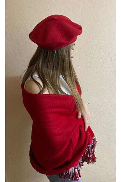 sema aksesuar Red Double-Sided Shawl Scarf and Wool Felt Painter - Beret Set, Teacher's Day Gift