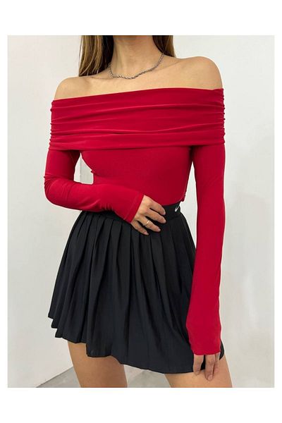 DEQ FASHION Women's Red Madonna Collar Lycra Viscose Long Sleeve Sandy Blouse