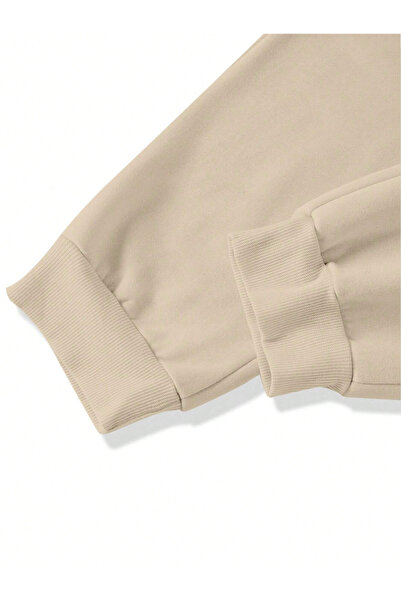 EFFRENATU Φούτερ Hila Moda Beige με κουκούλα και μαύρο σετ με στάμπα σε μεγάλο μέγεθος - 3 κλωστές