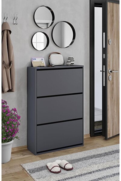 Ceha 3'lü Düşer Kapaklı Ahşap Ayakkabılık - Antrasit