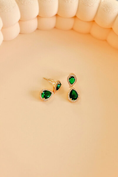 Puffa Zümrüt Yeşili Damla Kesim Gold Renk Paslanmaz Çelik Şık Küpe