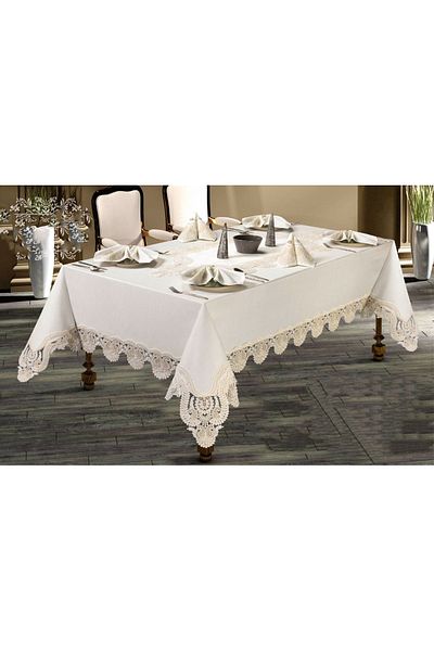 Haspen Gülnaz Set 12 Linen Fabric with Napkins French Laced 25 Pieces Luxury Dinnerware Set