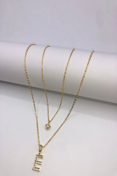 Luxe Loom Kadın Kararmayan Çelik Gold Zirkon Taşlı Küçük Kalpli E Harfli Çift Katman Kolye 006