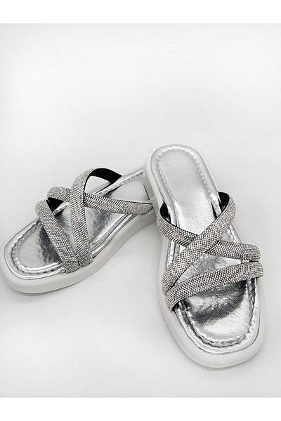MAGGIO White Stoned Women's Slippers - Suitable for Summer, Beach and Daily Vacation