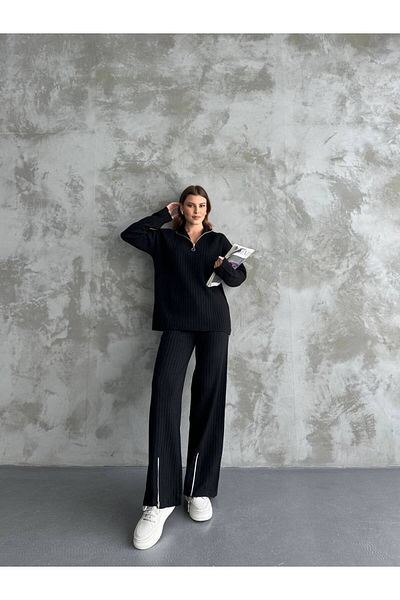ZF BUTİK Damen Strickanzug mit geripptem Kragen, Beinschlitzen mit Reißverschluss und seitlichem Reißverschluss, Ecru