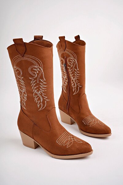 meyra'nın ayakkabıları Γυναικείες καουμπόικες μπότες Tan Suede Κεντημένες - Με φερμουάρ