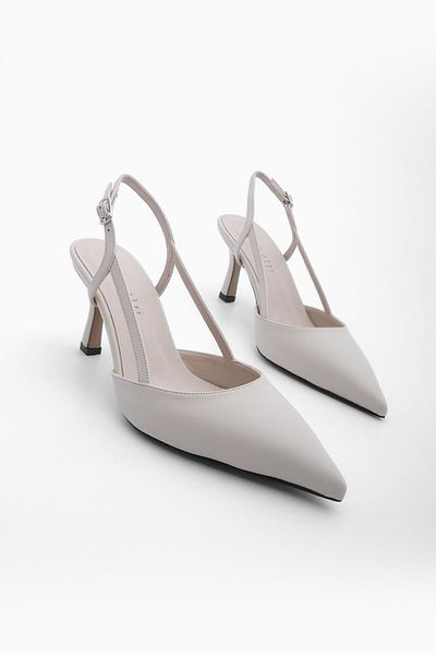 Marjin Damen-Schuhe mit spitzer Zehenpartie und seitlich offenem Riemen, klassische Schuhe mit Absatz, Suder Ecru