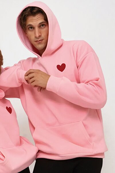 Jooy Company Kalp Baskılı Sevgili Çift Kombini Pembe Kapüşonlu Sweatshirt 2'li Set