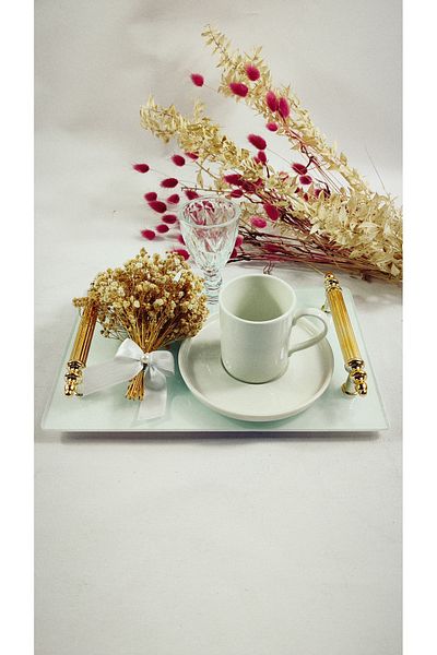 Basic Creation Groom White Coffee Tray Set - Personalized - Cup and Tray Set, Pearl Addable