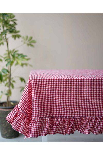 KaiHome 150x150cm Red Organic Checkered Ruffle Tablecloth - Picnic Cloth