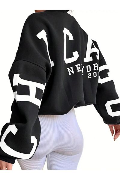 Know Damen-Sweatshirt mit 3 Fäden, schwarzen Ärmeln, Chicago-Aufdruck, Oversize-Rundhalsausschnitt