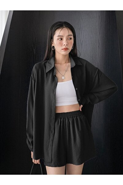 Know Női fekete Aerobin felső és alsó ing és rövidnadrág öltöny Oversize