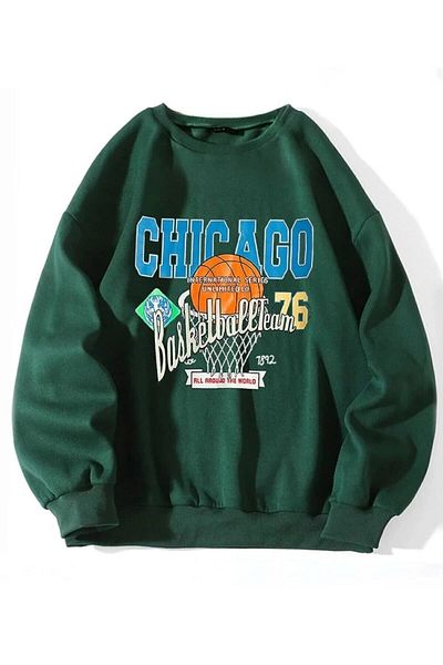 Know Γυναικείο φούτερ με 3 κλωστές πράσινο Chicago 76 με στάμπα oversize
