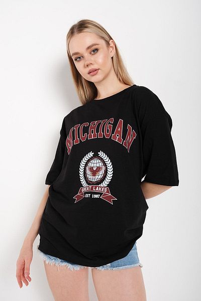 Know Tricou oversize cu imprimeu negru Michigan Eagle pentru femei